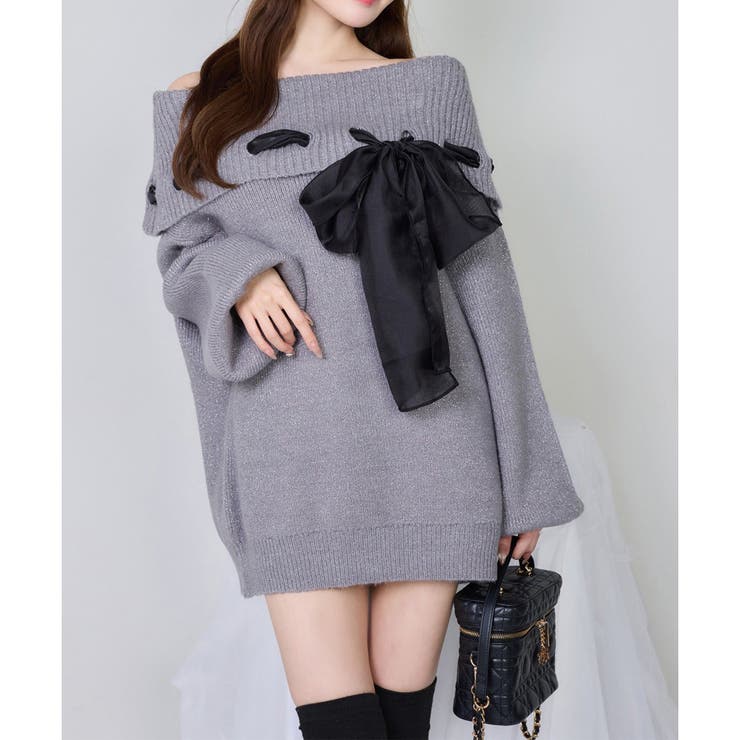 チャコール | 【one after another】リボン付きオフショルニットワンピ | NICE CLAUP / OLIVE des OLIVE　OUTLET