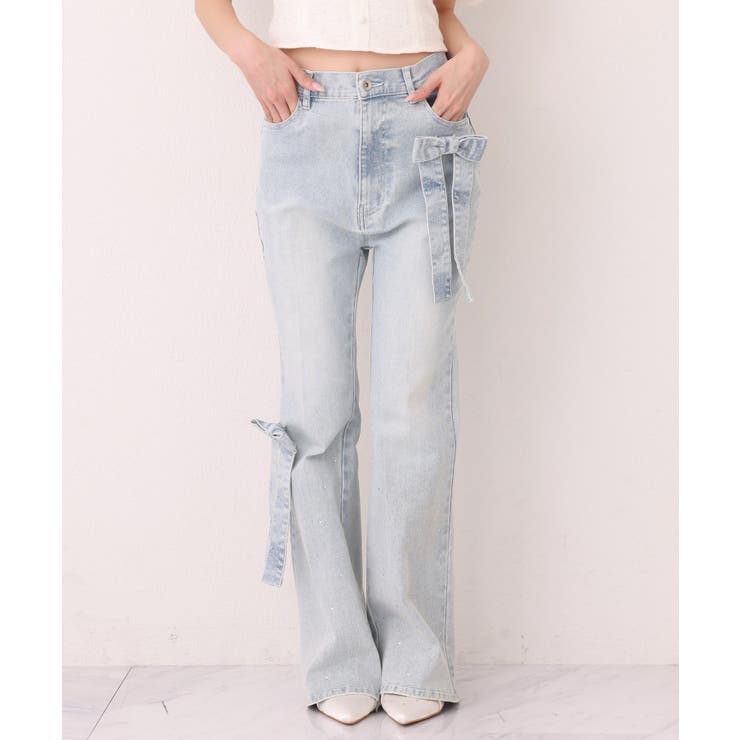 サックス | 【SMサイズ展開】リボンアレンジキラキラ美脚デニム | NICE CLAUP / OLIVE des OLIVE　OUTLET