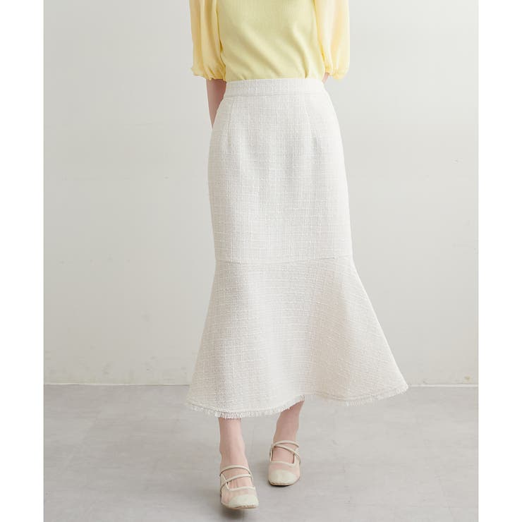 ホワイト系】【natural couture】裾フリンジ切替ツイードスカート[品番