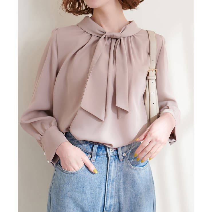 グレージュ | 【natural couture】袖口パールノット結びボータイブラウス | NICE CLAUP / OLIVE des OLIVE　OUTLET