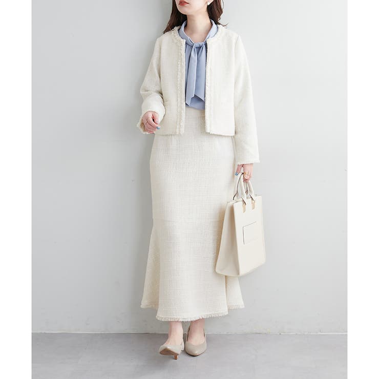 natural couture - ノーカラーフリンジツイードジャケット natural couture】ノーカラーフリンジツイードジャケット[品番