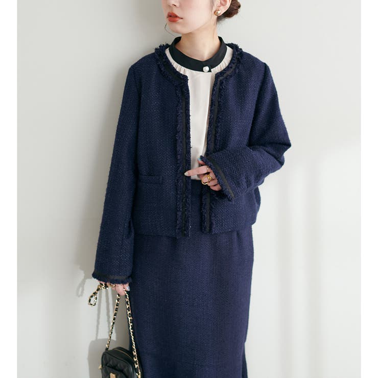 【公式】フジのお歳暮・冬ギフト natural couture】ノーカラーフリンジツイードジャケット[品番 ノーカラージャケット