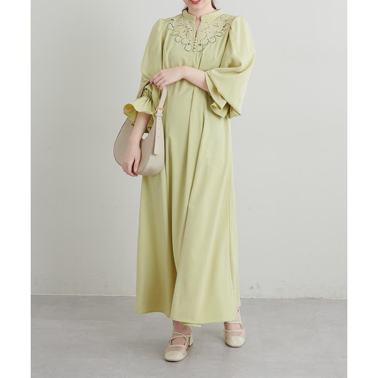 natural couture】ビンテージモチーフレース切替ワンピース[品番