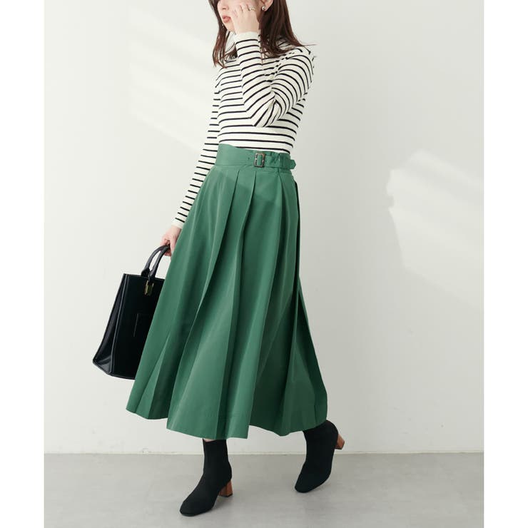 オリーブグリーン プリーツスカート ベルト付き レザー