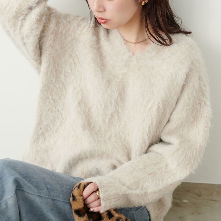 natural couture】Vネック長毛シャギーニット[品番：OLOW0011883