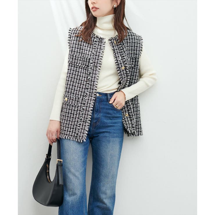 natural couture】フリンジデザイン金釦ツイードベスト[品番