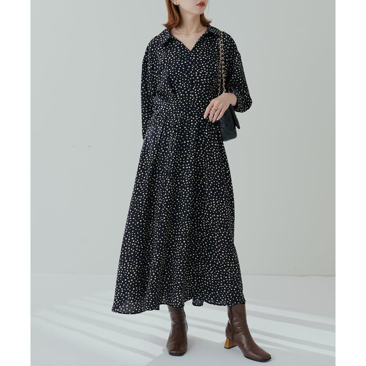 natural couture】スキッパー衿7分袖ワンピース[品番