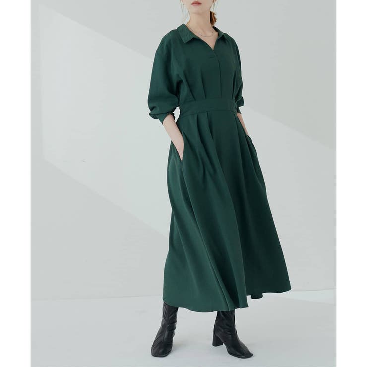 45R オリーブ色 七分袖ワンピース オリーブ色☆四角ワンピース薄手リネン☆春夏☆七分袖