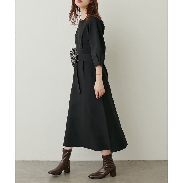 natural couture】ランタンスリーブポリニットワンピース[品番