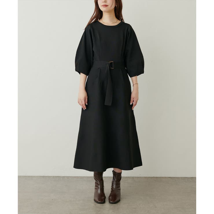 natural couture】ランタンスリーブポリニットワンピース[品番