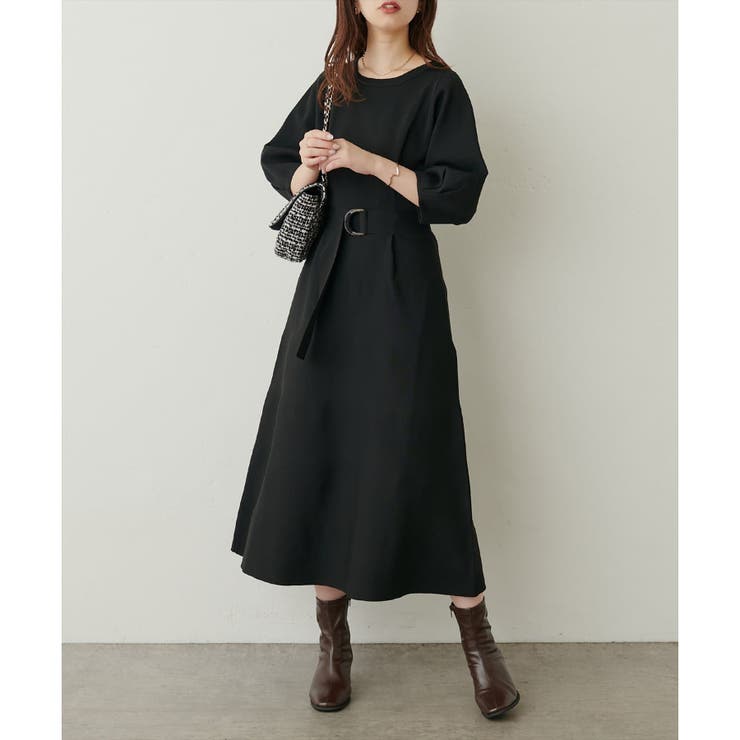 natural couture】ランタンスリーブポリニットワンピース[品番