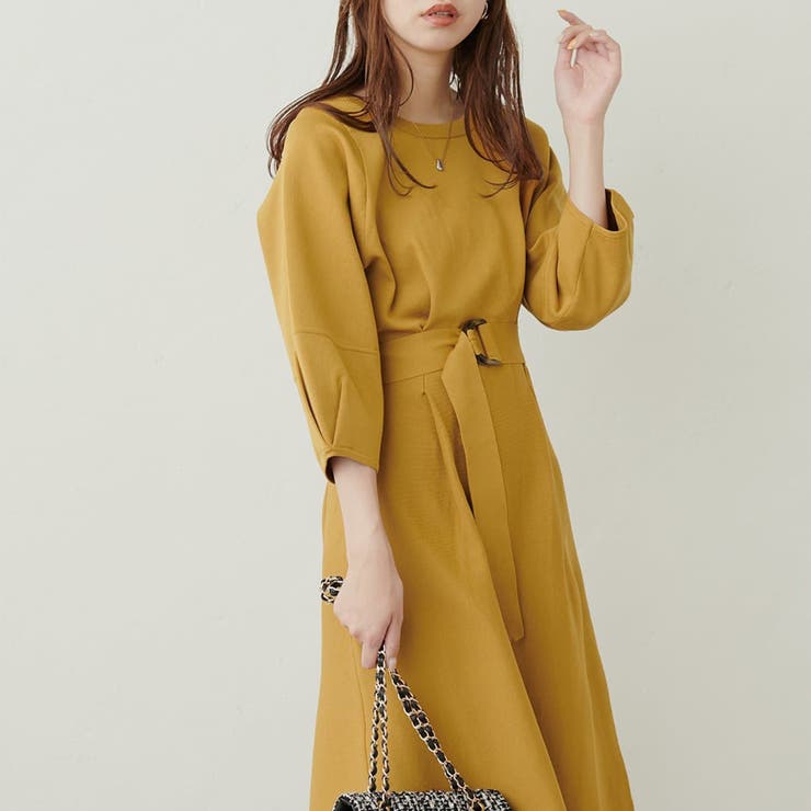 natural couture】ランタンスリーブポリニットワンピース[品番