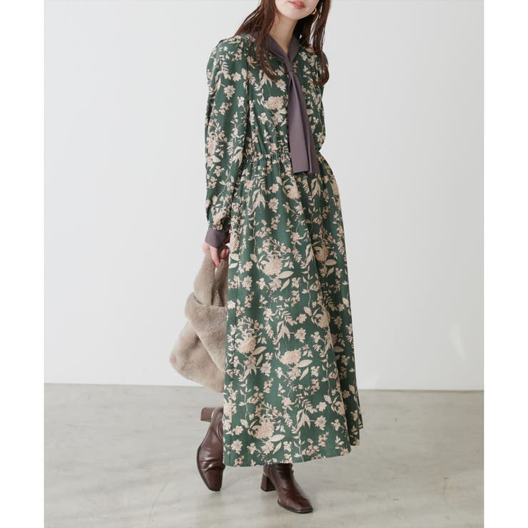 natural couture】ボウタイ配色切替ワンピース[品番