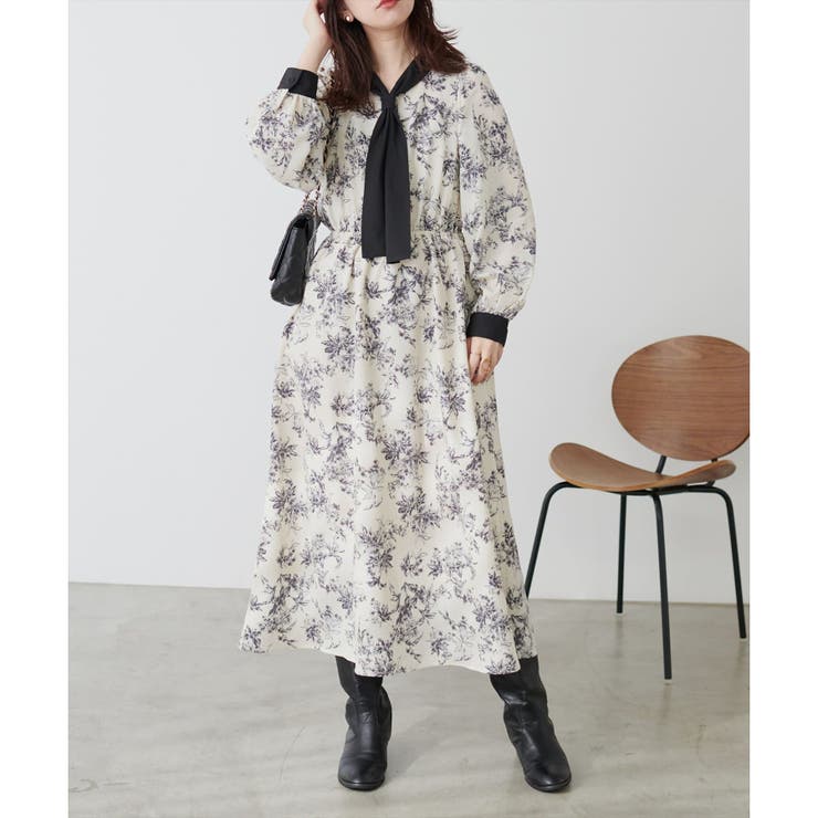 natural couture】ボウタイ配色切替ワンピース[品番