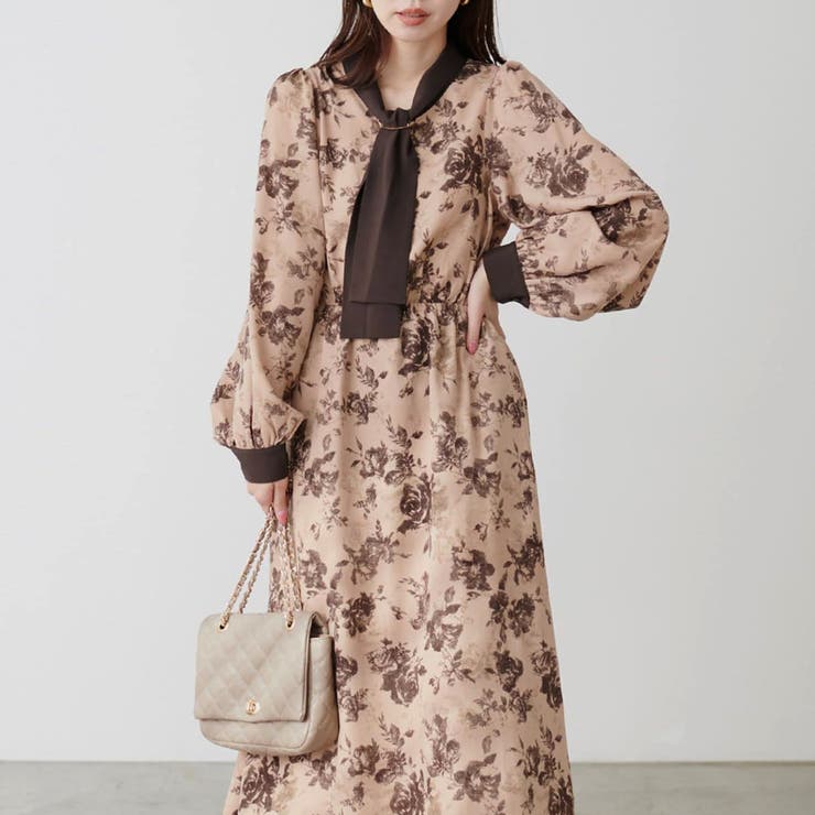natural couture】ボウタイ配色切替ワンピース[品番