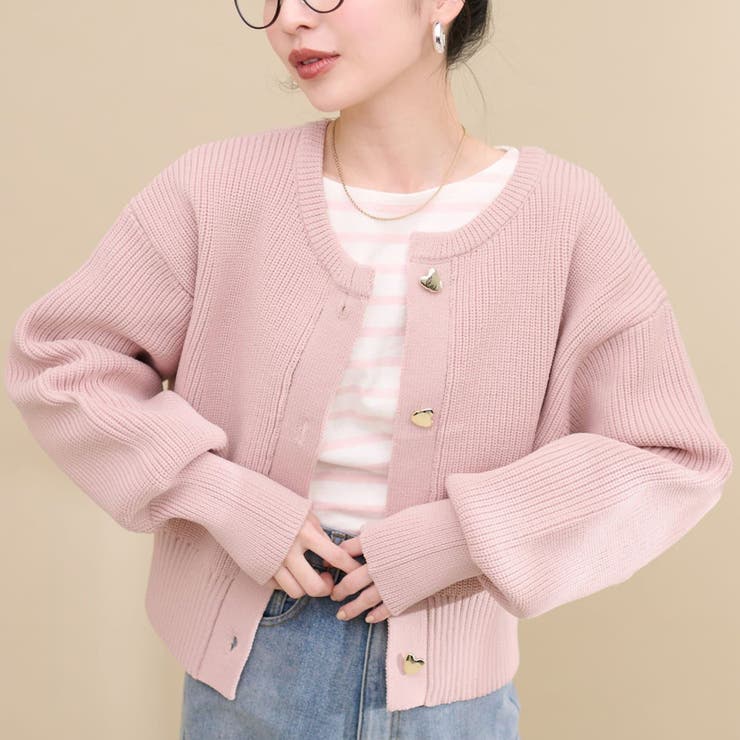 natural couture】ハート釦ポリニットカーディガン[品番