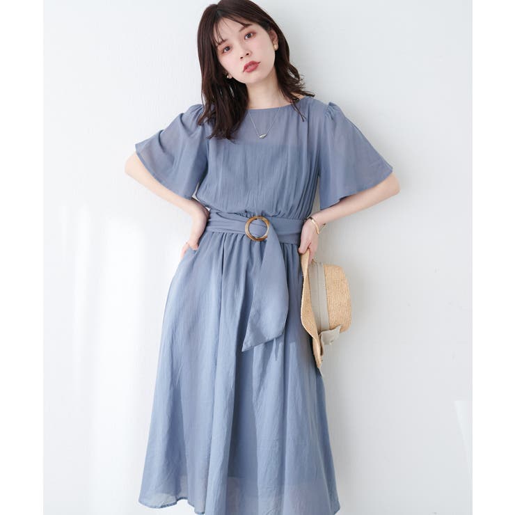 ブルー | 【natural couture】フレア袖太ベルトワンピース | NICE CLAUP / OLIVE des OLIVE　OUTLET