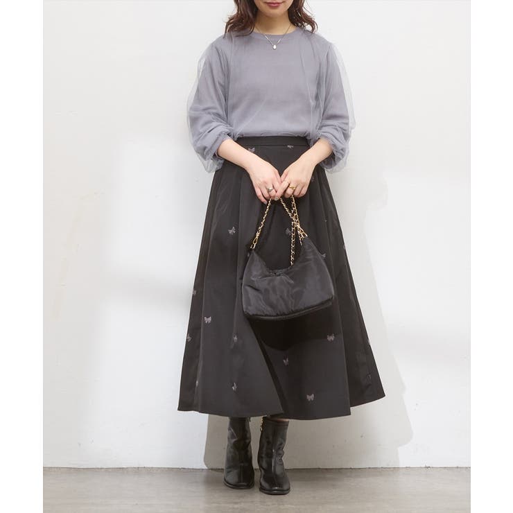natural couture】リボン刺繍タックフレアスカート[品番
