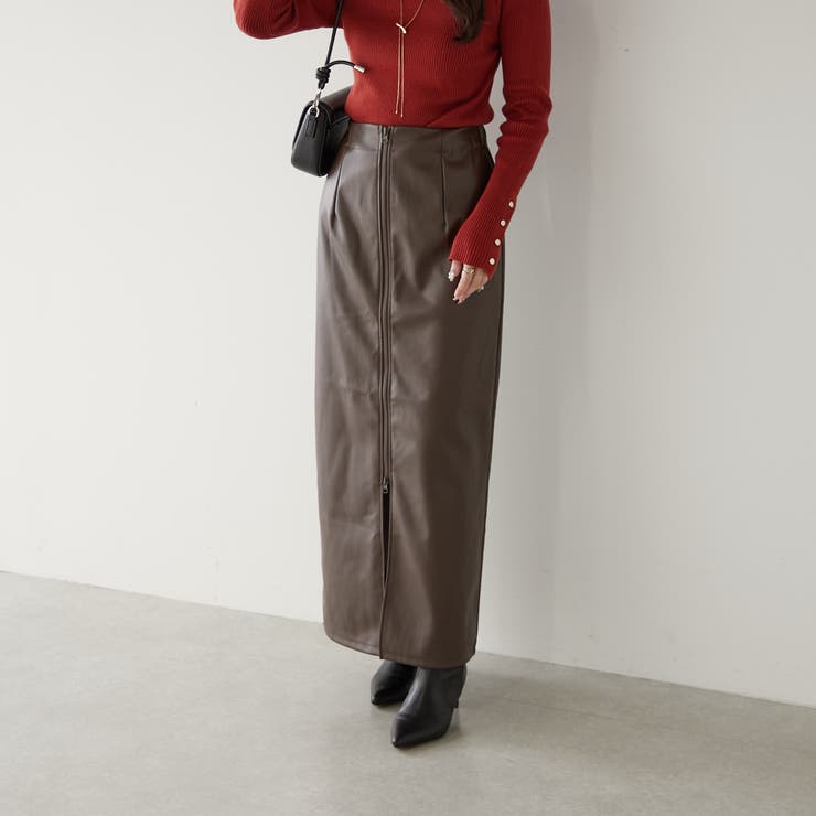 natural couture】フェイクレザーWジップタイトスカート[品番