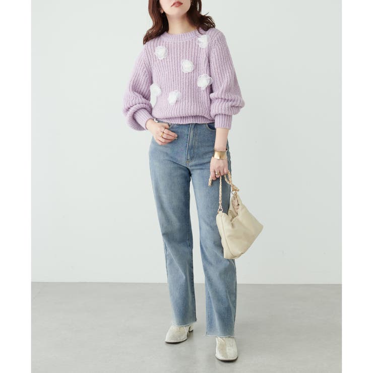 natural couture】オーガンジーフラワー畦ニット[品番