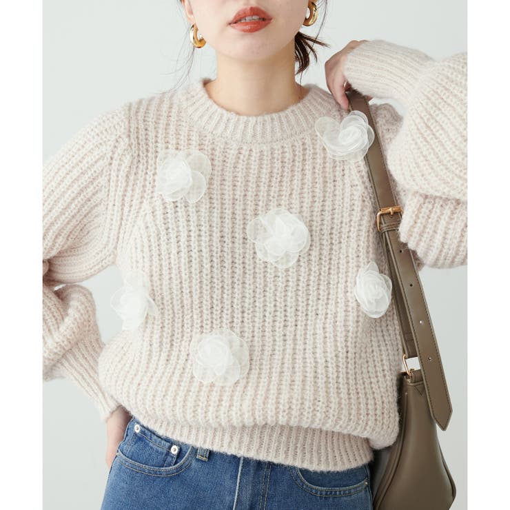 natural couture】オーガンジーフラワー畦ニット[品番
