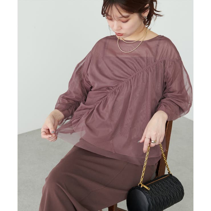 ピンク系 | 【natural couture】ネットチュールアシメ切替プルオーバー | NICE CLAUP / OLIVE des OLIVE　OUTLET