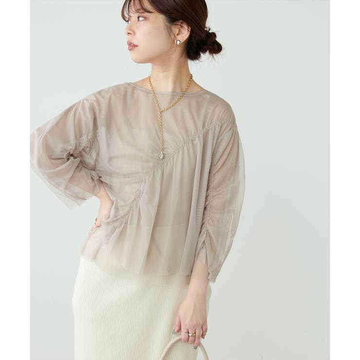 グレージュ | 【natural couture】ネットチュールアシメ切替プルオーバー | NICE CLAUP / OLIVE des OLIVE　OUTLET