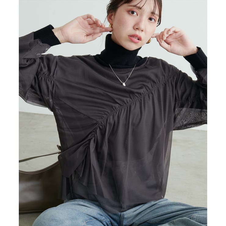 チャコール | 【natural couture】ネットチュールアシメ切替プルオーバー | NICE CLAUP / OLIVE des OLIVE　OUTLET