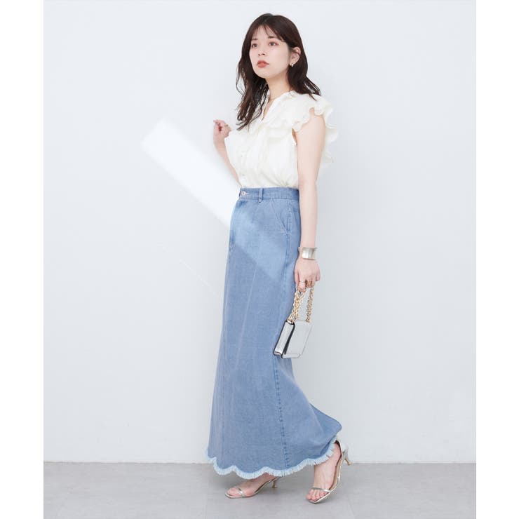 ブルー | 【natural couture】裾フリンジスカラップデニムスカート | NICE CLAUP / OLIVE des OLIVE　OUTLET
