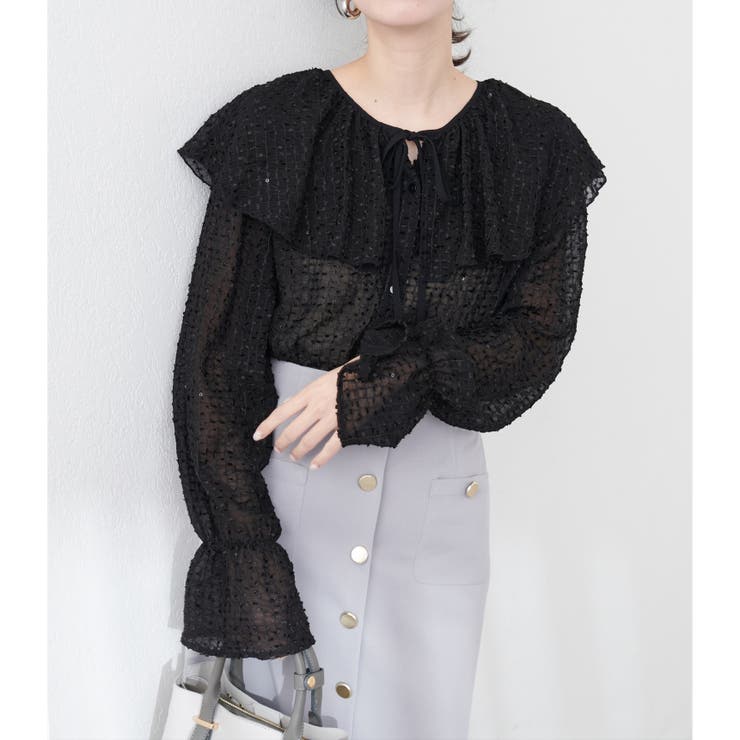 natural couture】シアーフリンジケープカラーブラウス[品番