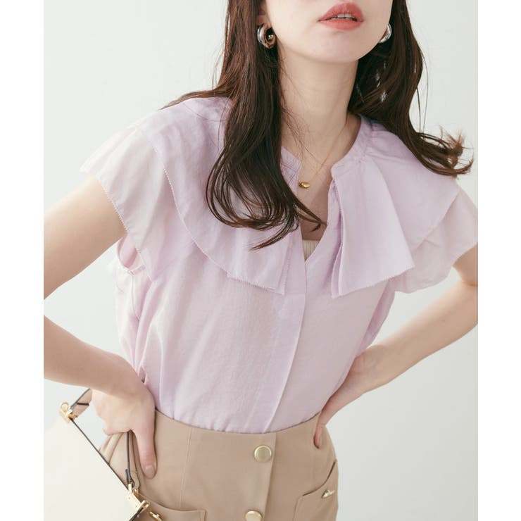 グレージュ | 【natural couture】タックフリル衿スキッパーあきブラウス | NICE CLAUP / OLIVE des OLIVE　OUTLET