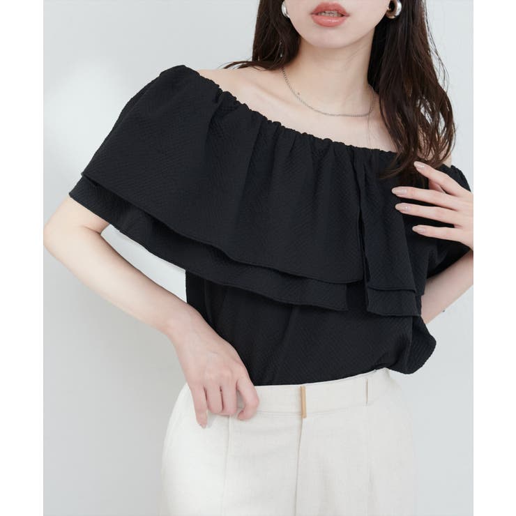 雑誌掲載♪カラー刺繍オフショルブラウス ブラック natural couture】サッカーチェックオフショルブラウス[品番