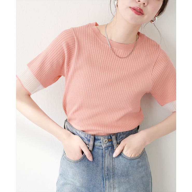 ピンク | 【natural couture】袖口シアー強撚リブニット | NICE CLAUP / OLIVE des OLIVE　OUTLET
