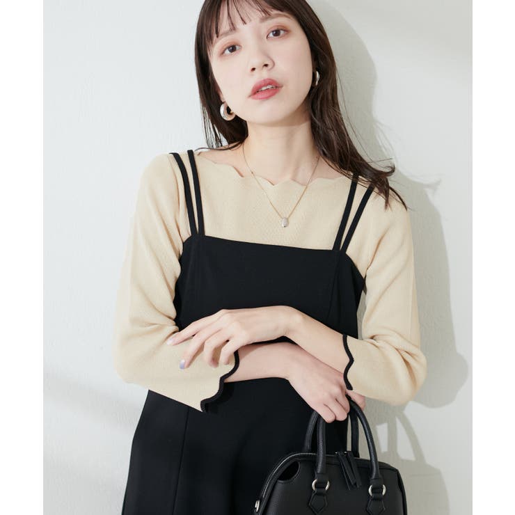 Lベージュ | 【natural couture】配色スカラップ強撚ニット（7二袖） | NICE CLAUP / OLIVE des OLIVE　OUTLET