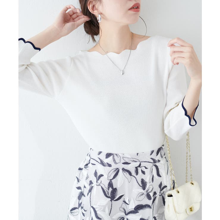 オフ | 【natural couture】配色スカラップ強撚ニット（7二袖） | NICE CLAUP / OLIVE des OLIVE　OUTLET