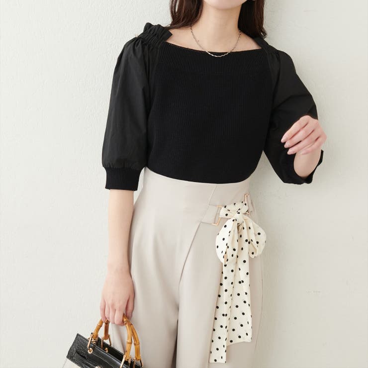 ブラック | 【natural couture】2WAY布帛ドッキングニットプルオーバー | NICE CLAUP / OLIVE des OLIVE　OUTLET