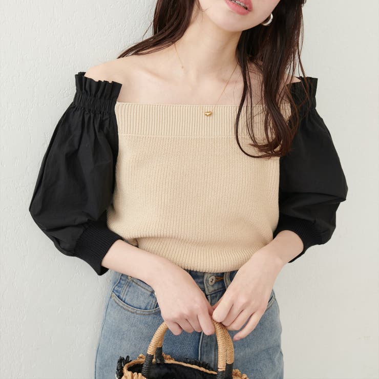 ベージュ | 【natural couture】2WAY布帛ドッキングニットプルオーバー | NICE CLAUP / OLIVE des OLIVE　OUTLET