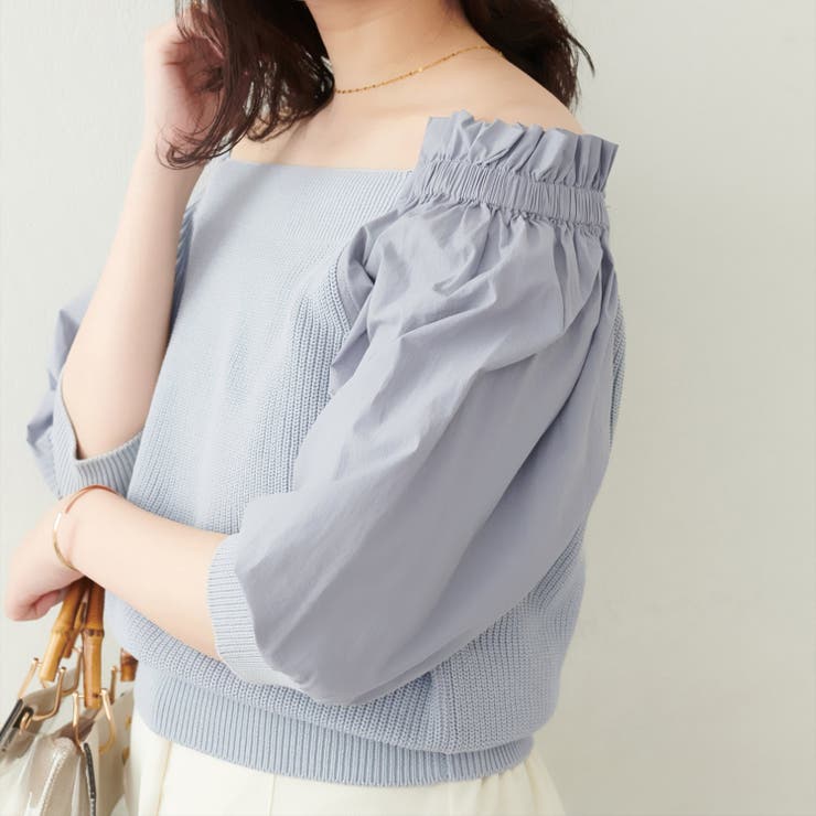 サックス | 【natural couture】2WAY布帛ドッキングニットプルオーバー | NICE CLAUP / OLIVE des OLIVE　OUTLET