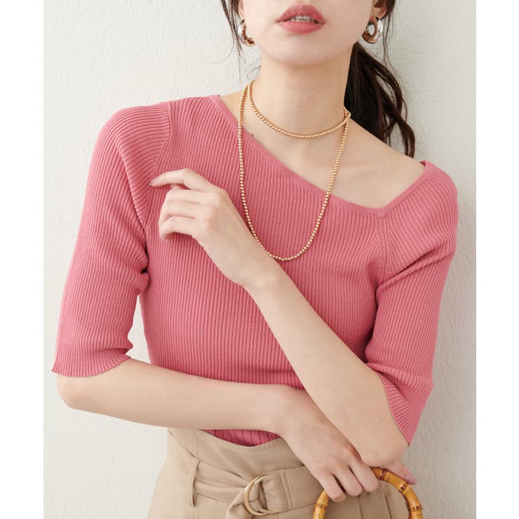 【natural couture】アシメネックリブ半袖ニット | NICE CLAUP / OLIVE des OLIVE　OUTLET | 詳細画像1 