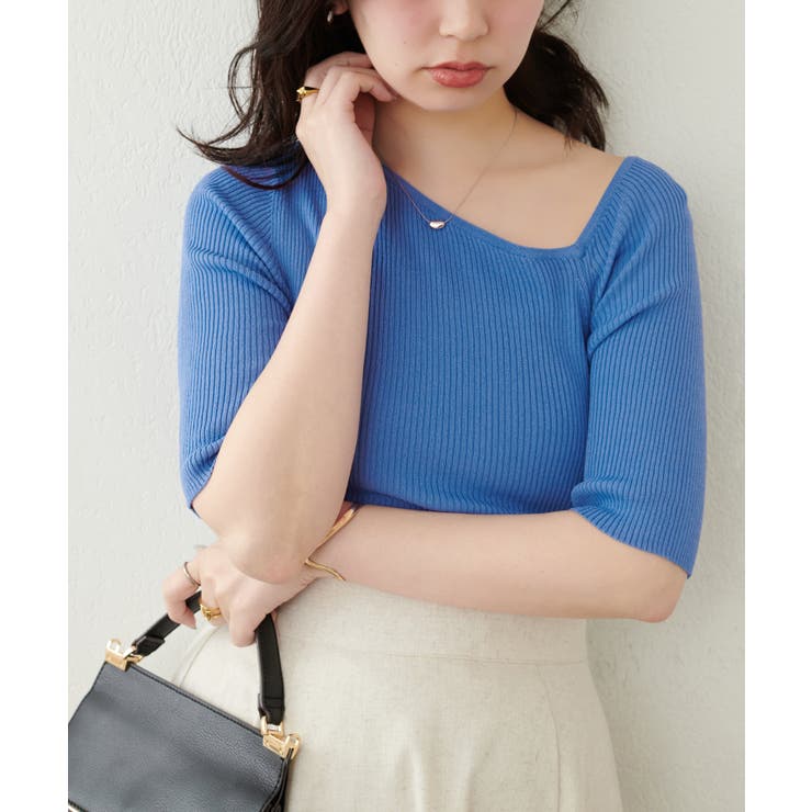 ブルー | 【natural couture】アシメネックリブ半袖ニット | NICE CLAUP / OLIVE des OLIVE　OUTLET