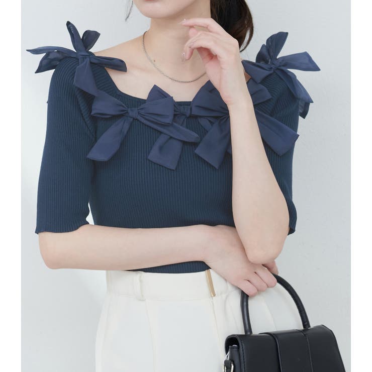 ネイビー | 【natural couture】リボン×リボンリブニット | NICE CLAUP / OLIVE des OLIVE　OUTLET