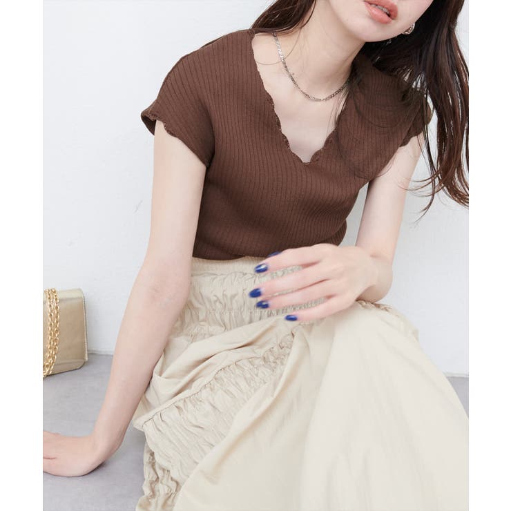 ブラウン | 【natural couture】かぎ針風ちびスカラップフレンチリブニット | NICE CLAUP / OLIVE des OLIVE　OUTLET