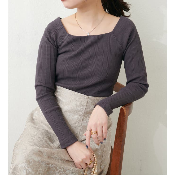 ブラック | 【natural couture】スクエアネックランダムテレコTOPS | NICE CLAUP / OLIVE des OLIVE　OUTLET