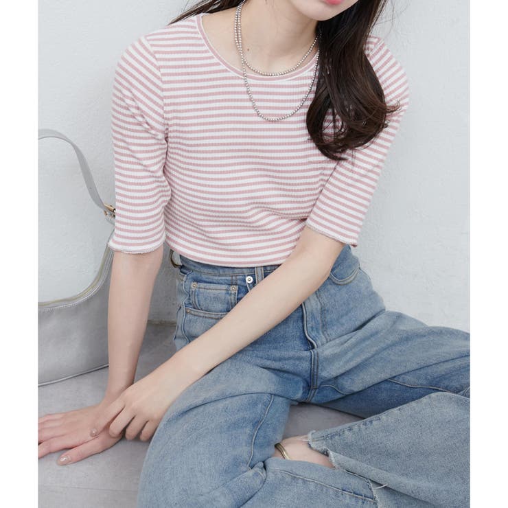 natural couture】ボールトリム細リブカットトップス[品番
