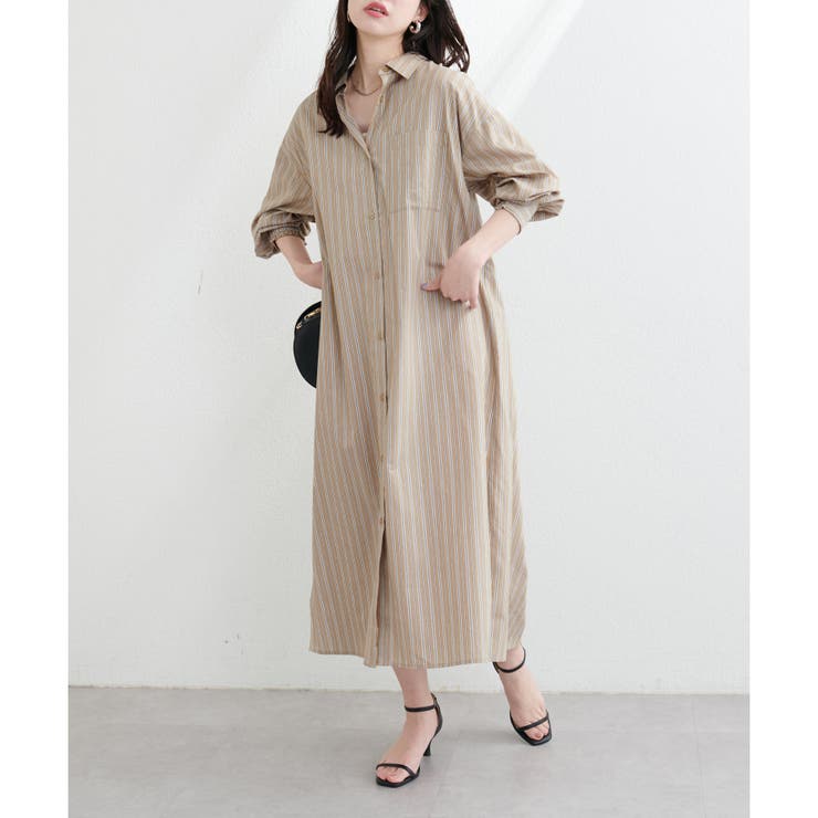 人気！ 極美品✨ MYLAN シャツワンピース バイカラー サテン ストライプ 人気！ 極美品✨ MYLAN シャツワンピース バイカラー サテン