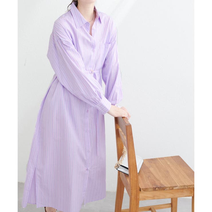 人気！ 極美品✨ MYLAN シャツワンピース バイカラー サテン ストライプ 人気！ 極美品✨ MYLAN シャツワンピース バイカラー サテン