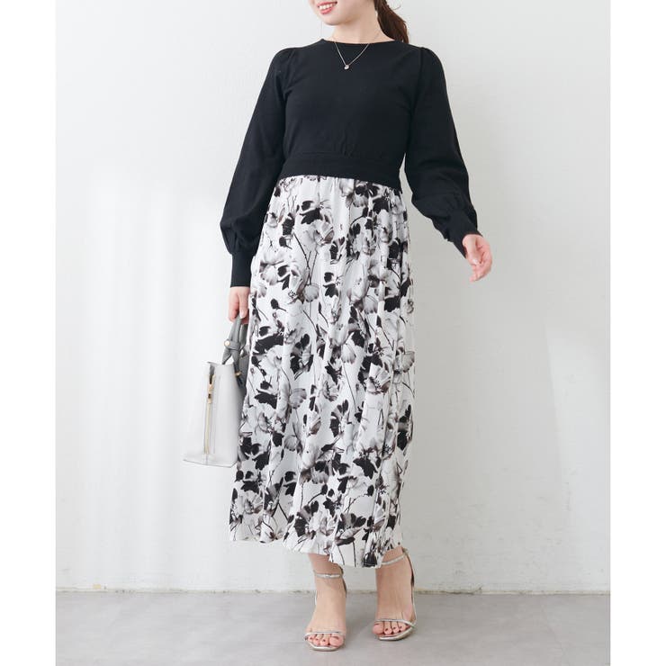 前後2way花柄ドッキングニットワンピース[品番:NCLW0015739 前後2way花柄ドッキングニットワンピース[品番:NCLW0015739