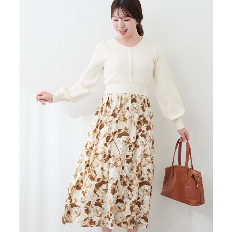 オフ | 前後2way花柄ドッキングニットワンピース | NICE CLAUP / OLIVE des OLIVE　OUTLET