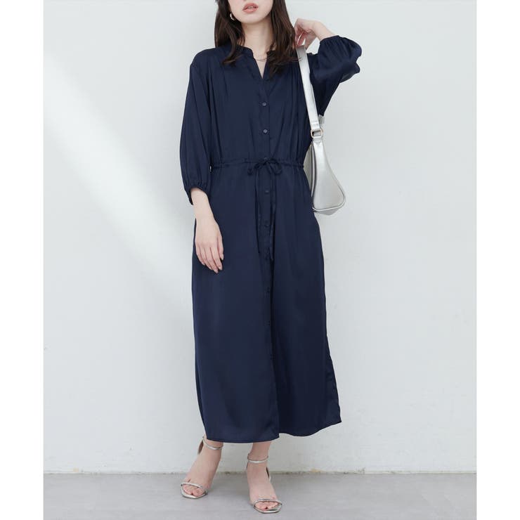 ネイビー | 【natural couture】たっぷりギャザーサテンワンピース | NICE CLAUP / OLIVE des OLIVE　OUTLET