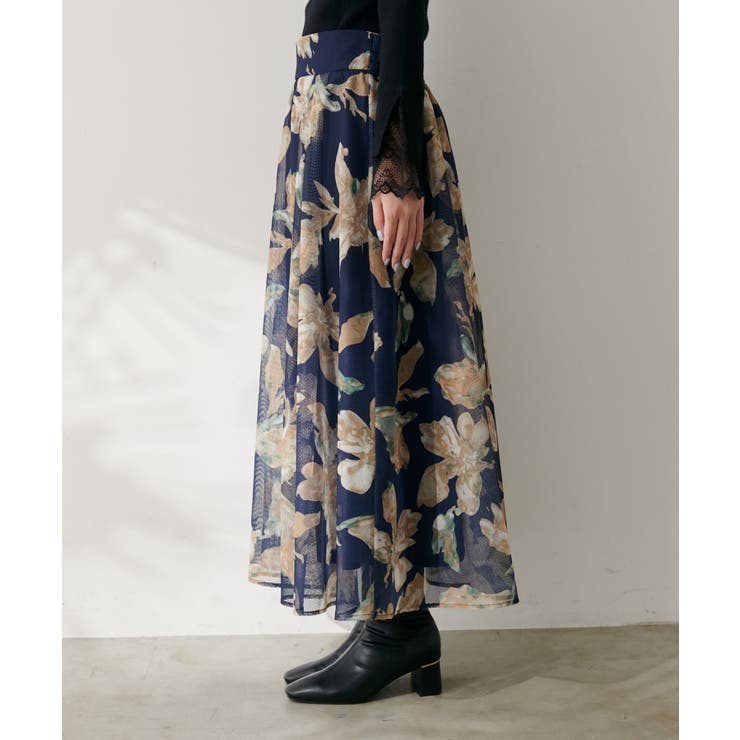 natural couture】大花プリントメッシュスカート[品番：NCLW0016635